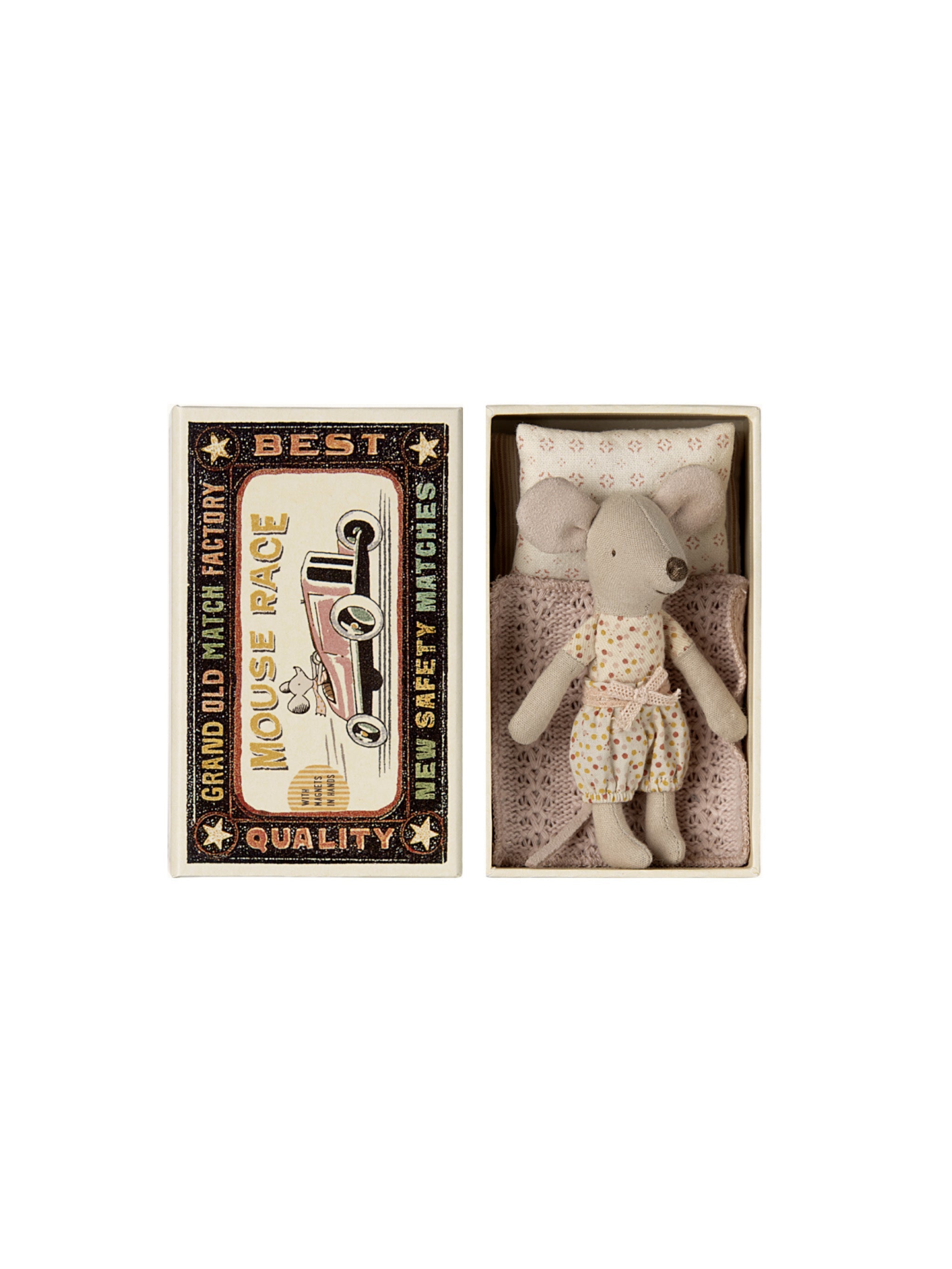 Maileg Little Sister Mouse in Matchbox Dotted Clothes